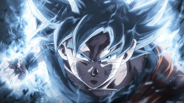 Goku Ultra Instinct in an action packed scene, high quality artwork for your background.
