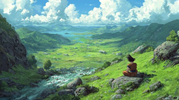 Goku in a peaceful setting with beautiful landscapes, providing a calming desktop wallpaper experience.