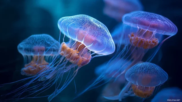 Hd aquarium wallpaper showcasing close up of jellyfish glowing in dark marine tank atmosphere.