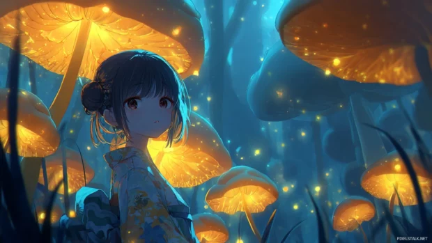 In a magical forest, an Anime Girl with sparkling eyes and a mysterious aura stands among glowing mushrooms.