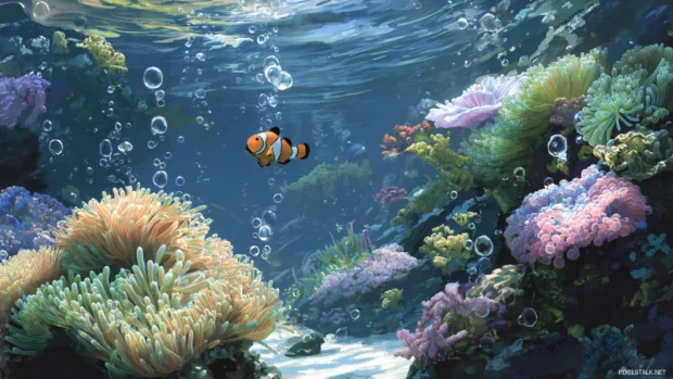 Marine aquarium hd wallpaper showing detailed reef scene with clownfish, anemone, and bubbles.