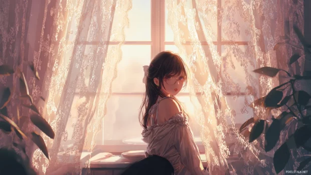 Pastel anime girl wallpaper 4k with gentle sunlight streaming through lace curtains.