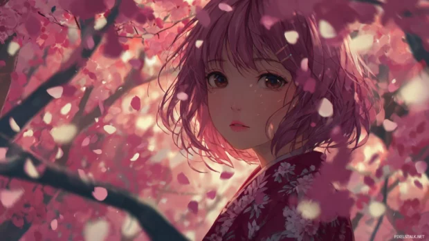Pink anime girl wallpaper hd with delicate cherry blossoms swirling gently around her.