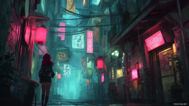 Sci fi anime girl wallpaper in a futuristic alley glowing with vibrant neon signs and mist.