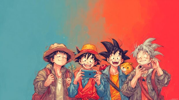 Stunning Goku wallpapers designed for desktop, showcasing adorable moments with friends in vibrant colors.