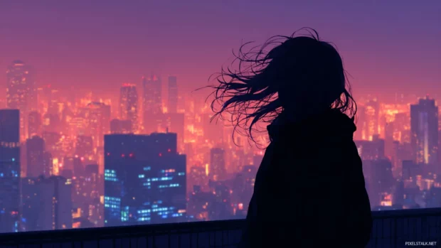 The silhouette of an Anime Girl with wind blown hair gazing at the glowing city lights from a tall rooftop.