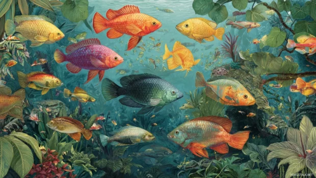 Tropical aquarium wallpaper illustrating diverse species of rainbow fish in lush aquatic setting.