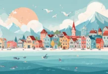 A Cute seaside town with tiny houses, happy seagulls, and playful dolphins jumping near the shore.