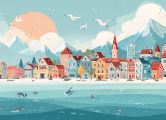 A Cute seaside town with tiny houses, happy seagulls, and playful dolphins jumping near the shore.