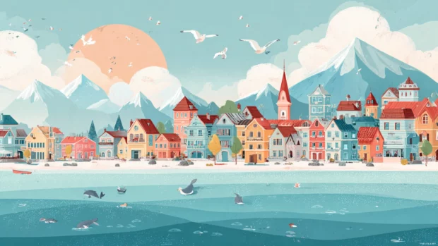 A Cute seaside town with tiny houses, happy seagulls, and playful dolphins jumping near the shore.