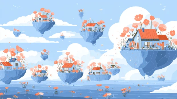 A dreamy landscape with Cute floating islands, each filled with tiny houses and smiling flowers.