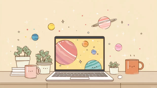 A kawaii chromebook backgrounds scene featuring tiny cartoon planets and stars floating above a minimalist desktop setup.
