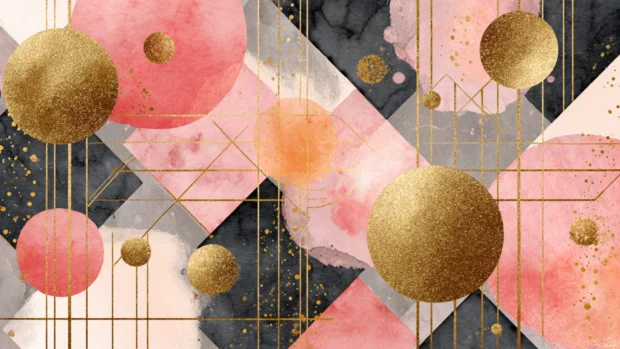 Aesthetic chromebook wallpaper featuring geometric patterns mixed with watercolor blobs and gold accents.