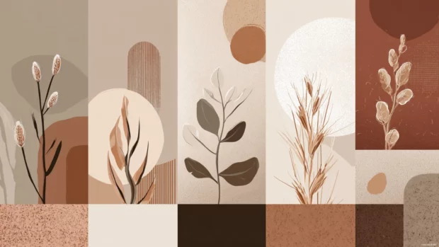 Chromebook aesthetic backgrounds depicting modern line art of plants and abstract shapes on muted tones.