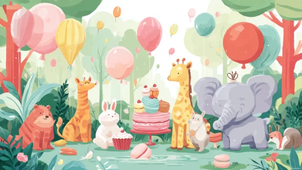 Cute animals playing together in a colorful park surrounded by balloons and cupcakes.