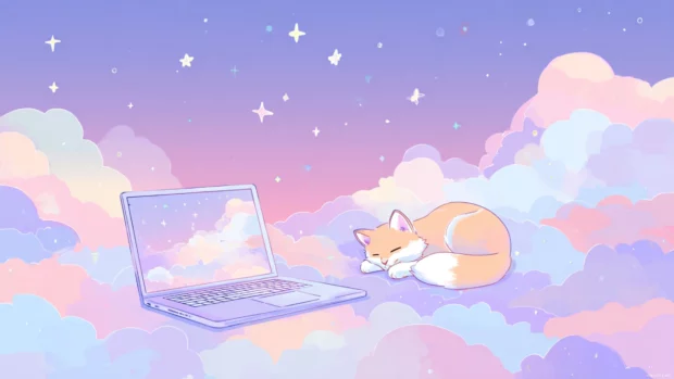 Cute chromebook wallpapers featuring a sleepy fox curled up under stars and pastel clouds, dreamy nighttime theme.