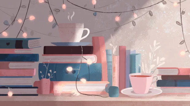 Cute desktop wallpaper showing a cozy study corner with pastel books, a cup of tea and fairy lights, gentle texture.