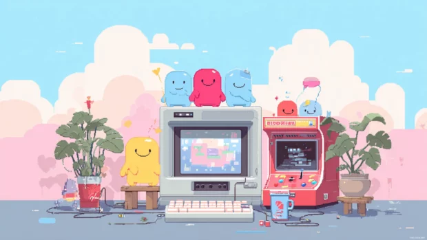 Cute laptop wallpaper styled as a retro arcade scene with smiling pixel characters, bright pastel colors.