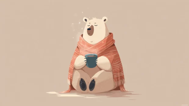 Cute morning scene where a sleepy bear sips tea while wrapped in a cozy scarf, soft pastel tones.