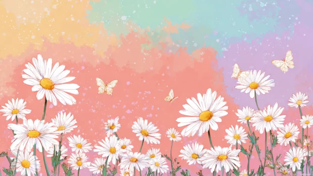 Flower chromebook wallpaper with oversized daisies and butterflies on a soft gradient backdrop, playful style.