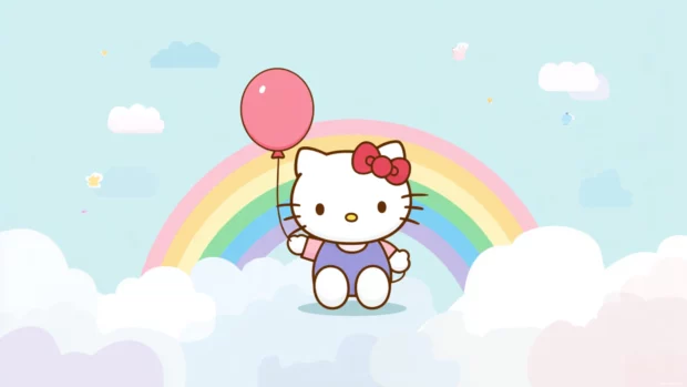 Hello kitty chromebook wallpaper centered around Hello Kitty holding a rainbow balloon in a dreamy sky, simple shapes and pastel hues.