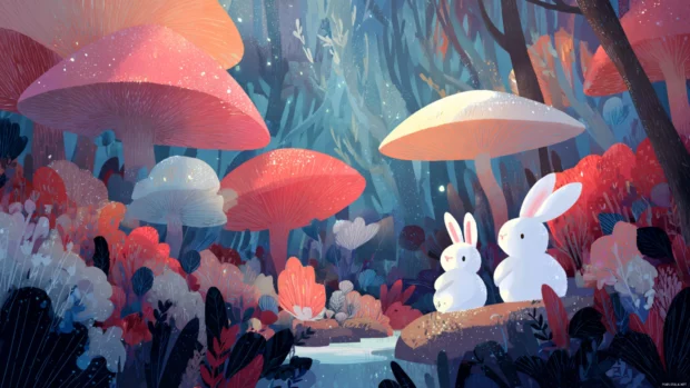 Inside a magical forest, Cute bunnies explore oversized mushrooms and sparkling streams.