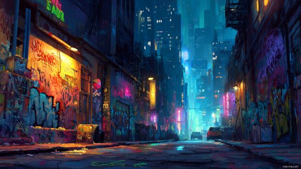 Boys cool wallpapers HD centered around vibrant cityscapes at night, graffiti style.