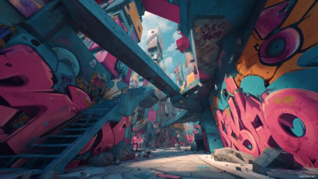 Cool 3D wallpapers for boys that play with depth and perspective in imaginative environments, graffiti style.