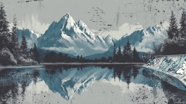 Nature inspired cool wallpapers for boys focusing on majestic mountains and serene lakes, graffiti style.