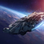 4K Star Wars 3840x2160 Wallpaper showing the Millennium Falcon soaring past a glowing planet, epic scale.