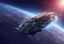 4K Star Wars 3840x2160 Wallpaper showing the Millennium Falcon soaring past a glowing planet, epic scale.