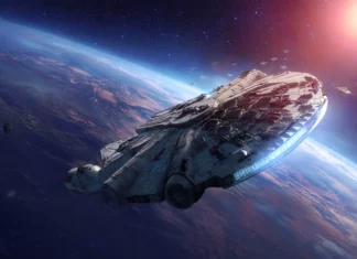 4K Star Wars 3840x2160 Wallpaper showing the Millennium Falcon soaring past a glowing planet, epic scale.
