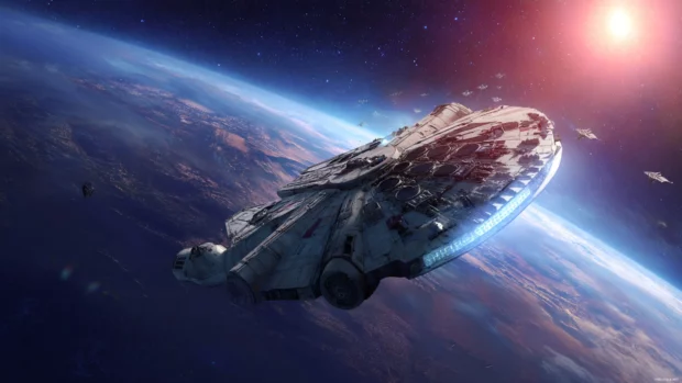 4K Star Wars 3840x2160 Wallpaper showing the Millennium Falcon soaring past a glowing planet, epic scale.