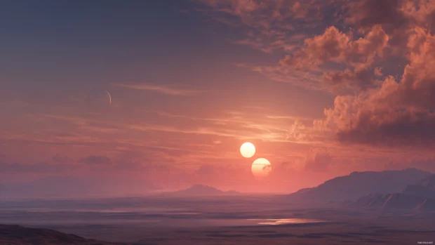 A breathtaking Star Wars landscape showing a deserted planet with twin suns setting on the horizon in 4K resolution.