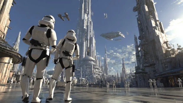 A detailed 4K Star Wars depiction of stormtroopers patrolling a futuristic city with towering skyscrapers and flying vehicles.