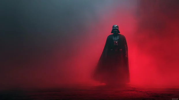 Darth Vader 4K Wallpaper showing dark lord in deep focus with red highlights and mist, ominous tone.
