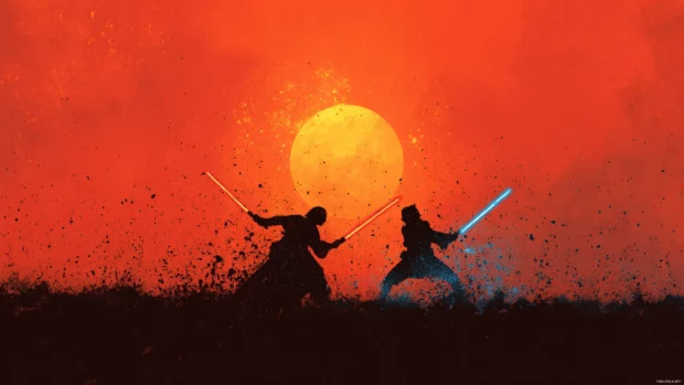 Epic battle scene in 4K Star Wars Desktop Background with clash of lightsabers under twin suns, vibrant contrast.