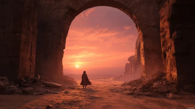 HD Star Wars 4K Wallpaper featuring a lone Stormtrooper standing in desert ruins at sunset, moody atmosphere.