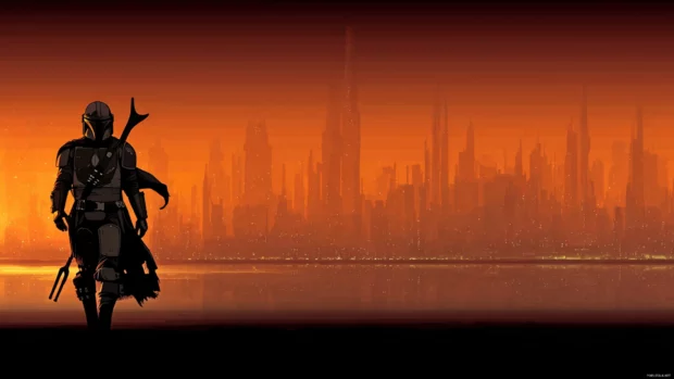 Mandalorian 4K Wallpaper capturing bounty hunter silhouette against a sci fi city skyline, dramatic composition.