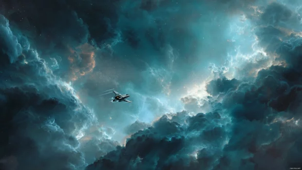 Star Wars 4K Wallpaper showing a starfighter in deep space lit by nebula clouds, cinematic realism.