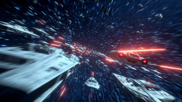 Star Wars Epic Battle 4K featuring ships firing through asteroid field, energetic motion blur.