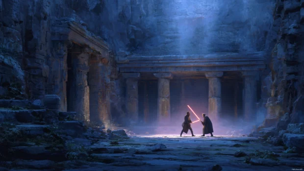 Star Wars Jedi Wallpaper 4K capturing a lightsaber duel in ancient temple ruins, mystical lighting.