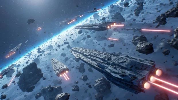 Star Wars epic space battle scene with starfighters soaring through asteroid fields in stunning 4K detail.
