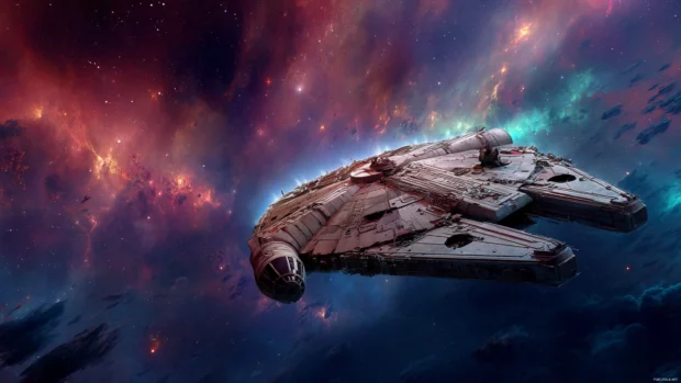 Star Wars galactic view featuring the Millennium Falcon speeding past colorful nebulae and distant star systems in 4K.