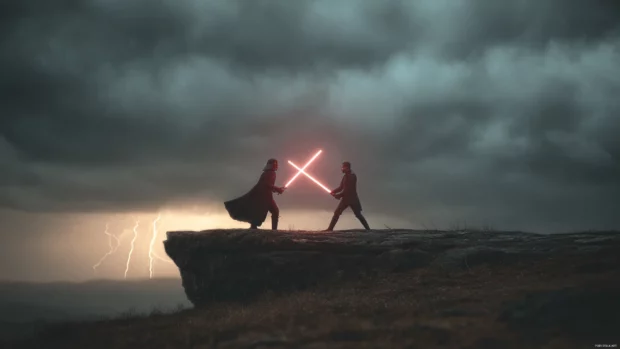 Star Wars iconic lightsaber duel on a cliff edge under a stormy sky with dramatic lighting and 4K sharpness.