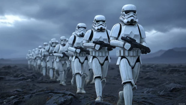 Stormtrooper 4K Wallpaper with soldier formation marching on alien terrain, high dynamic range.