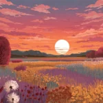 Autumn aesthetic wallpapers capturing the beauty of sunset illuminating a field of fall colors.