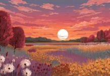 Autumn aesthetic wallpapers capturing the beauty of sunset illuminating a field of fall colors.