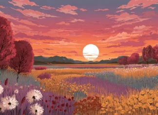 Autumn aesthetic wallpapers capturing the beauty of sunset illuminating a field of fall colors.