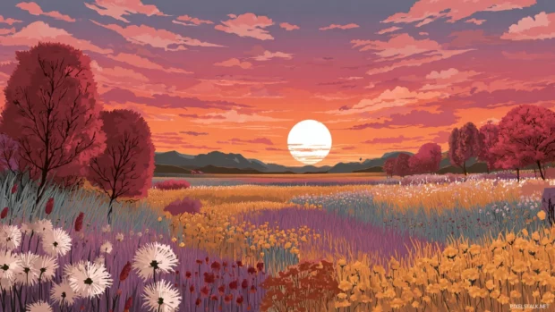 Autumn aesthetic wallpapers capturing the beauty of sunset illuminating a field of fall colors.